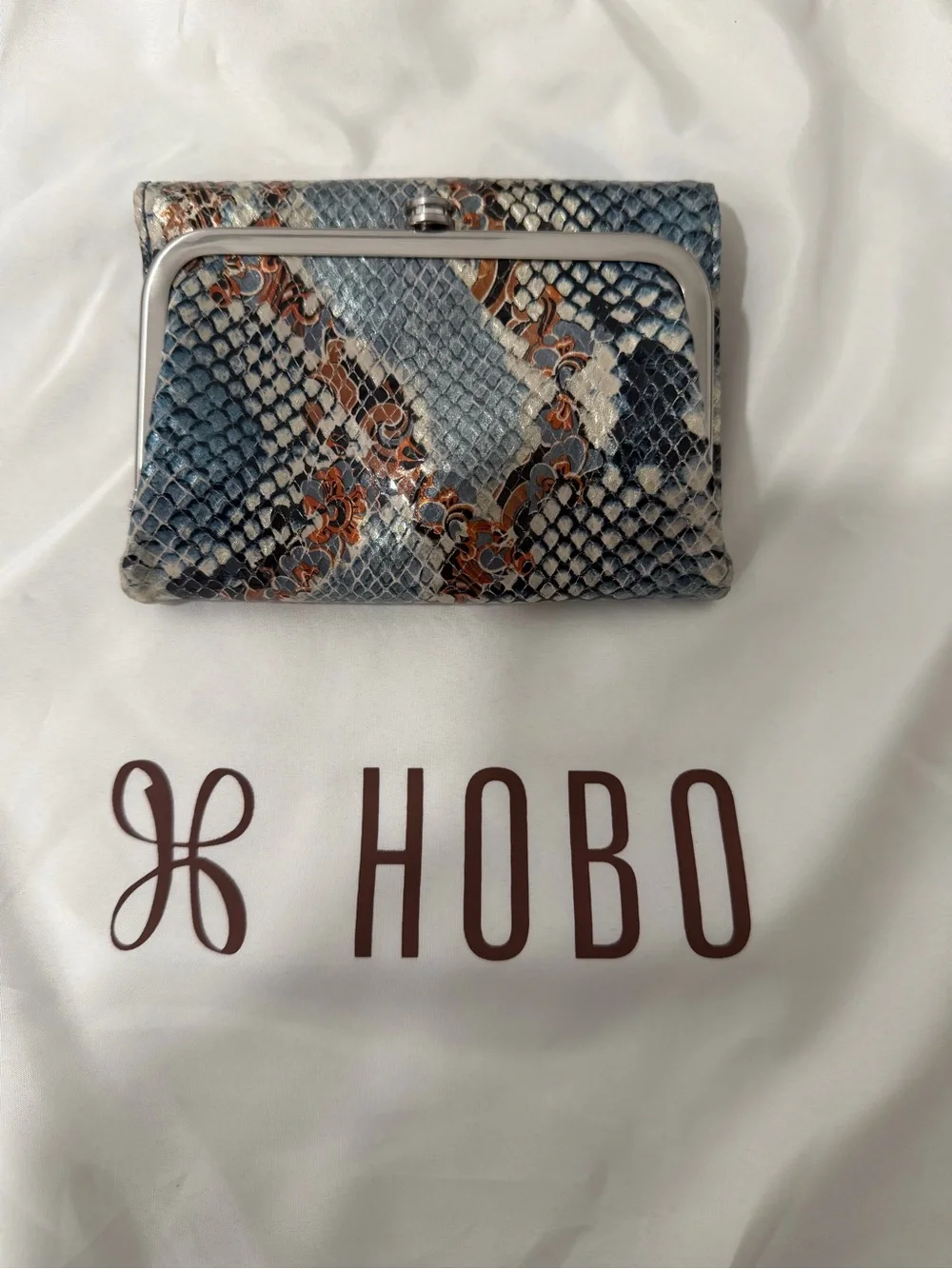 HOBO Blue and Brown Snake-Print Leather Robin Frame Wallet